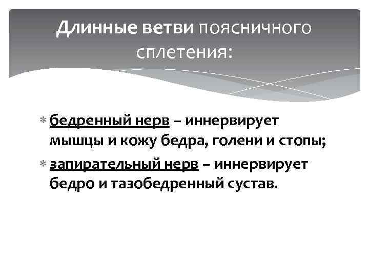 Длинные ветви поясничного сплетения: бедренный нерв – иннервирует мышцы и кожу бедра, голени и