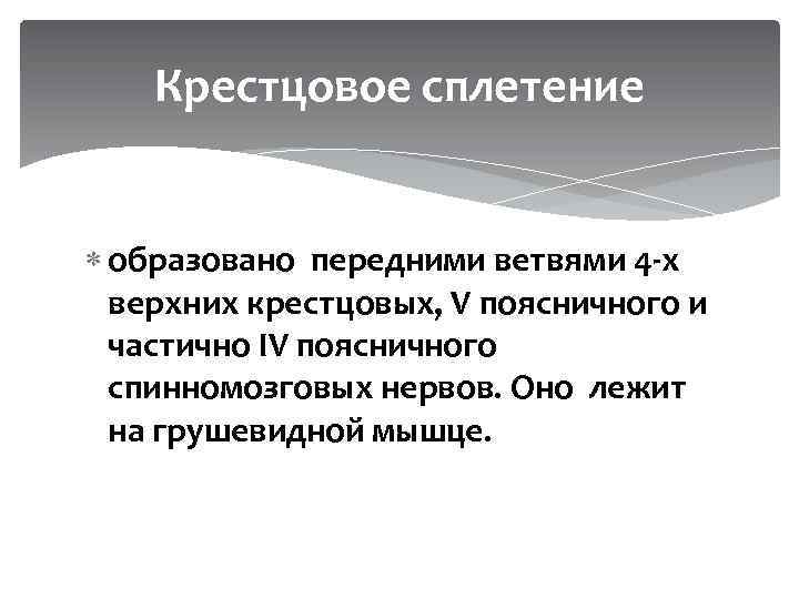 Крестцовое сплетение образовано передними ветвями 4 -х верхних крестцовых, V поясничного и частично ІV