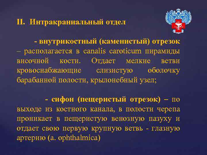 II. Интракраниальный отдел - внутрикостный (каменистый) отрезок – располагается в canalis caroticum пирамиды височной