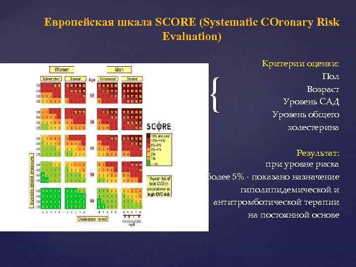 Европейская шкала SCORE (Systematic COronary Risk Evaluation) Критерии оценки: Пол Возраст Уровень САД Уровень