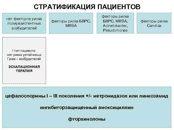 СТРАТИФИКАЦИЯ ПАЦИЕНТОВ нет факторов риска полирезистентных возбудителей факторы риска БЛРС, MRSA, Acinetobacter, Pseudomonas 3