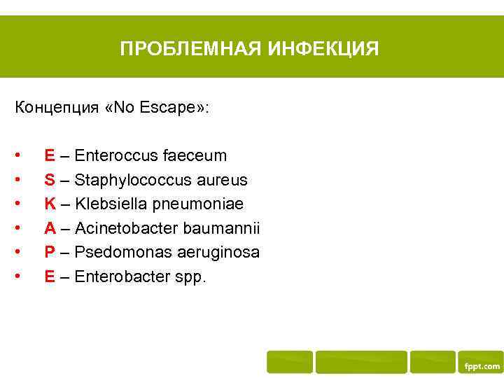 ПРОБЛЕМНАЯ ИНФЕКЦИЯ Концепция «No Escape» : • • • E – Enteroccus faeceum S