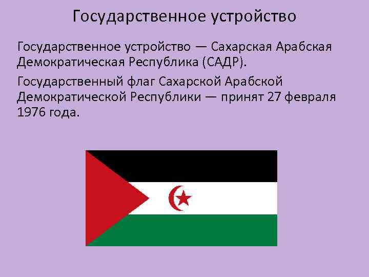 Государственное устройство — Сахарская Арабская Демократическая Республика (САДР). Государственный флаг Сахарской Арабской Демократической Республики