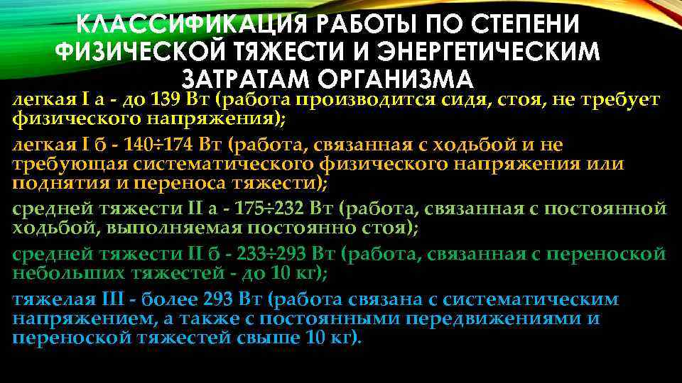 КЛАССИФИКАЦИЯ РАБОТЫ ПО СТЕПЕНИ ФИЗИЧЕСКОЙ ТЯЖЕСТИ И ЭНЕРГЕТИЧЕСКИМ ЗАТРАТАМ ОРГАНИЗМА легкая I а -