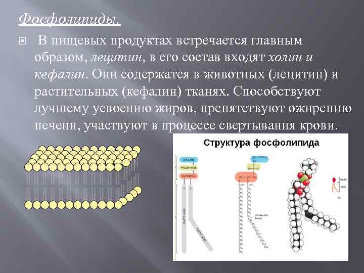 Фосфолипиды. В пищевых продуктах встречается главным образом, лецитин, в его состав входят холин и