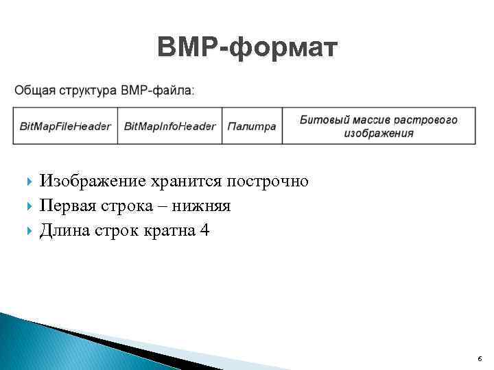 BMP-формат Изображение хранится построчно Первая строка – нижняя Длина строк кратна 4 6 