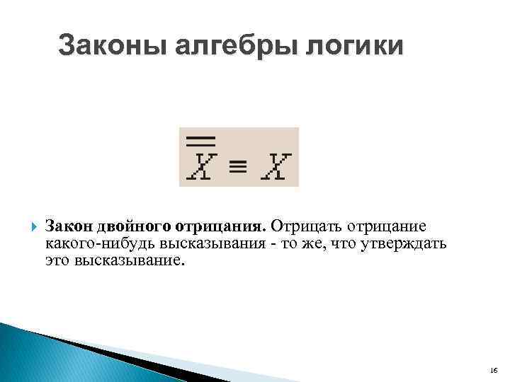 Законы алгебры логики Закон двойного отрицания. Отрицать отрицание какого-нибудь высказывания - то же, что