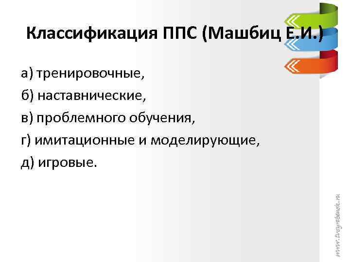 Классификация ППС (Машбиц Е. И. ) а) тренировочные, б) наставнические, в) проблемного обучения, г)