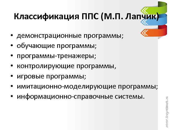 Классификация ППС (М. П. Лапчик) • • демонстрационные программы; обучающие программы; программы-тренажеры; контролирующие программы,