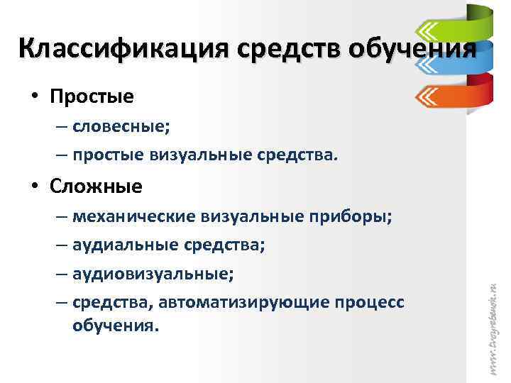 Классификация средств обучения • Простые – словесные; – простые визуальные средства. • Сложные –