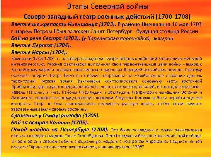 Этапы Северной войны Северо-западный театр военных действий (1700 -1708) Взятие шв. крепости Ниеншанца (1703).