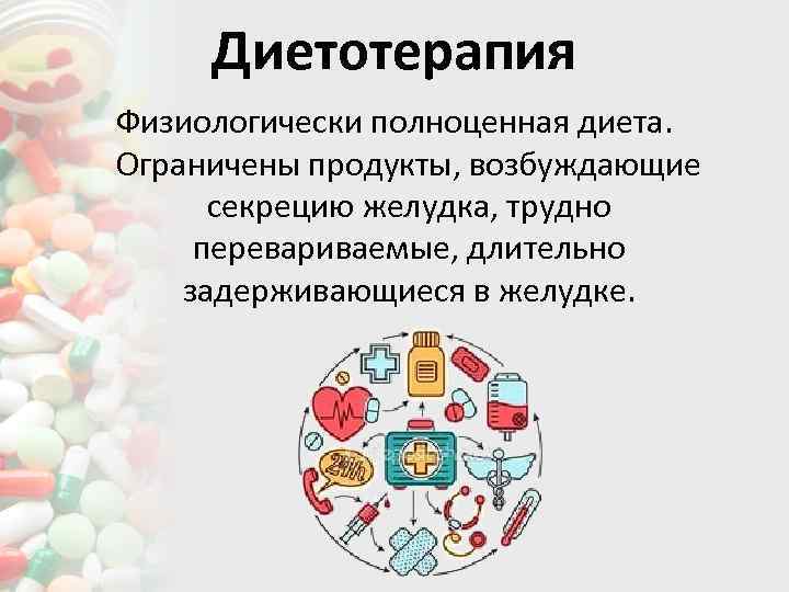 Диетотерапия Физиологически полноценная диета. Ограничены продукты, возбуждающие секрецию желудка, трудно перевариваемые, длительно задерживающиеся в