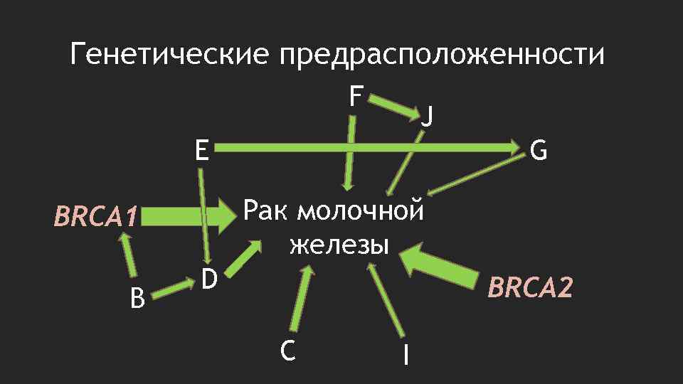 Генетические предрасположенности F J E Рак молочной железы BRCA 1 B G D BRCA