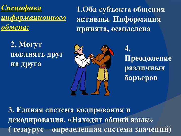 Специфика информационного обмена: 2. Могут повлиять друг на друга 1. Оба субъекта общения активны.