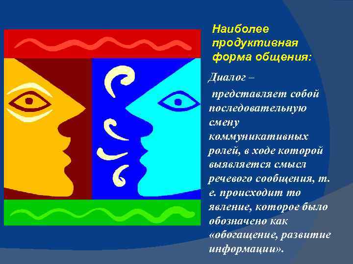 Наиболее продуктивная форма общения: Диалог – представляет собой последовательную смену коммуникативных ролей, в ходе