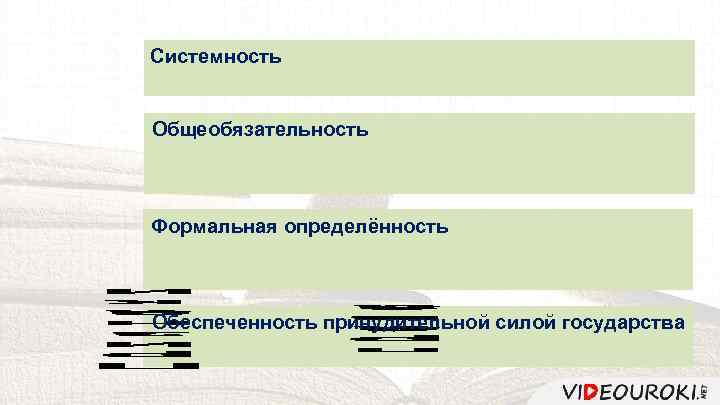 Системность Общеобязательность Формальная определённость Обеспеченность принудительной силой государства 