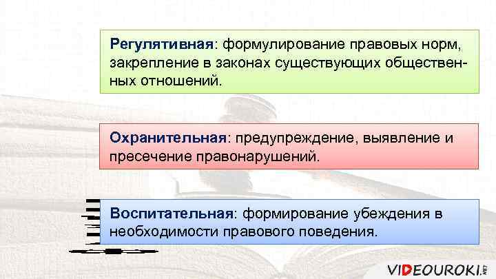 Регулятивная: формулирование правовых норм, закрепление в законах существующих общественных отношений. Охранительная: предупреждение, выявление и