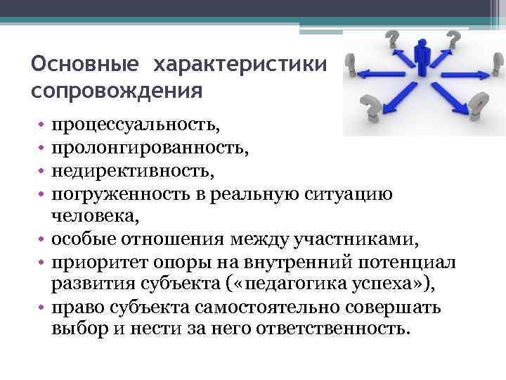 Основные характеристики сопровождения • • процессуальность, пролонгированность, недирективность, погруженность в реальную ситуацию человека, •