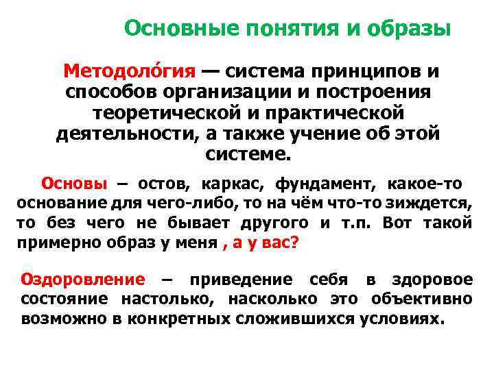 Основные понятия и образы Методоло гия — система принципов и способов организации и построения