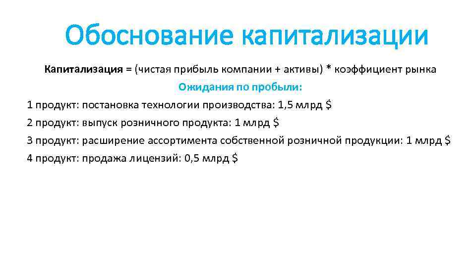 Обоснование капитализации Капитализация = (чистая прибыль компании + активы) * коэффициент рынка Ожидания по