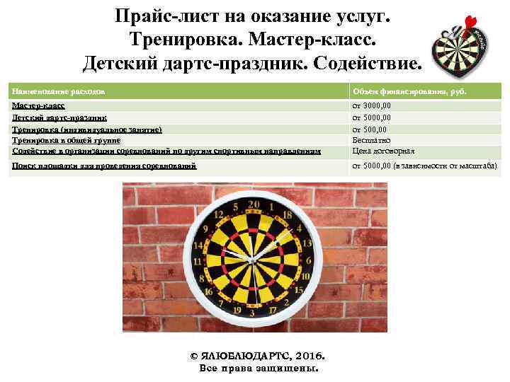 Прайс-лист на оказание услуг. Тренировка. Мастер-класс. Детский дартс-праздник. Содействие. Наименование расходов Объем финансирования, руб.