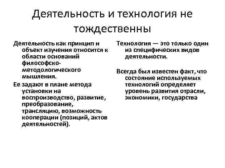Деятельность и технология не тождественны Деятельность как принцип и объект изучения относится к области
