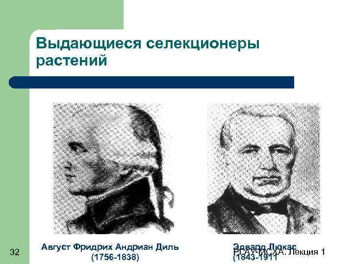 Выдающиеся селекционеры растений 32 Август Фридрих Андриан Диль (1756 -1838) Эдвард Люкас РГАУ-МСХА. Лекция