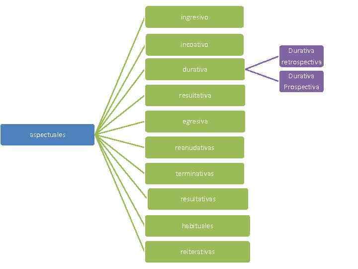 ingresivo incoativo durativa resultativa egresiva aspectuales reanudativas terminativas resultativas habituales reiterativas Durativa retrospectiva Durativa