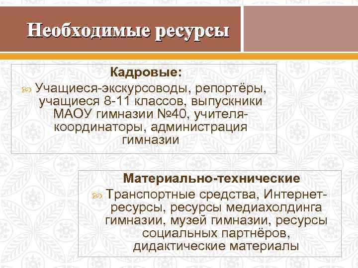 Необходимые ресурсы Кадровые: Учащиеся-экскурсоводы, репортёры, учащиеся 8 -11 классов, выпускники МАОУ гимназии № 40,