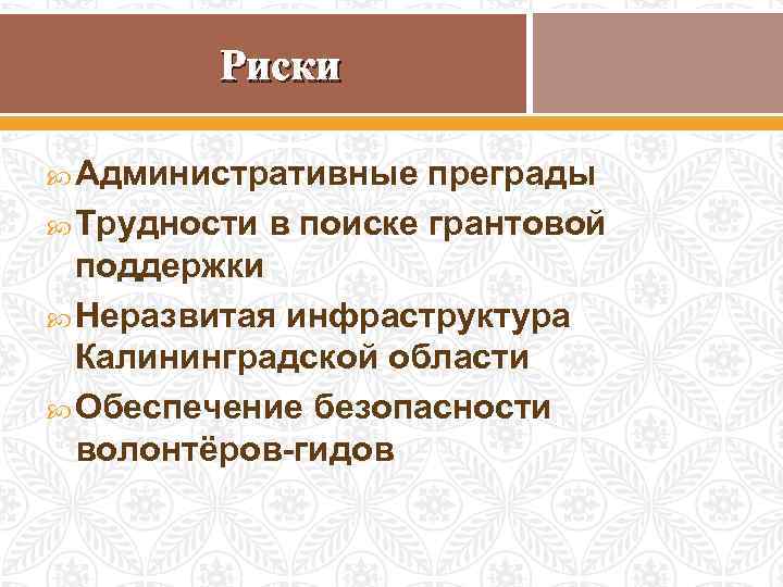 Риски Административные преграды Трудности в поиске грантовой поддержки Неразвитая инфраструктура Калининградской области Обеспечение безопасности