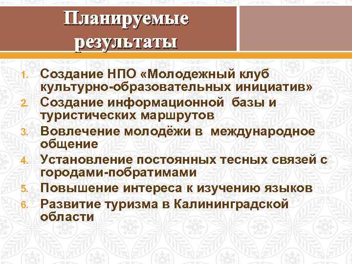 Планируемые результаты 1. 2. 3. 4. 5. 6. Создание НПО «Молодежный клуб культурно-образовательных инициатив»