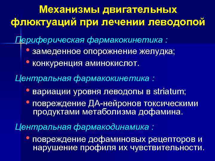 Механизмы двигательных флюктуаций при лечении леводопой Периферическая фармакокинетика : • замеденное опорожнение желудка; •