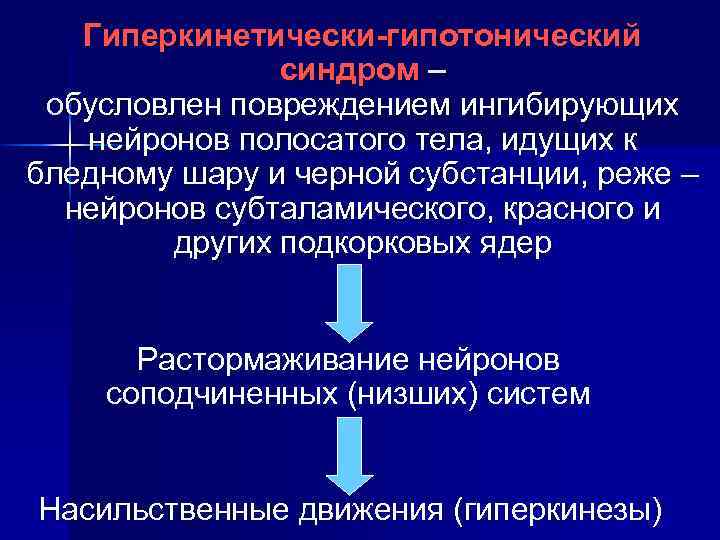 Гиперкинетически-гипотонический синдром – обусловлен повреждением ингибирующих нейронов полосатого тела, идущих к бледному шару и