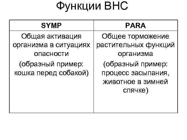 Функции ВНС SYMP PARA Общая активация Общее торможение организма в ситуациях растительных функций опасности