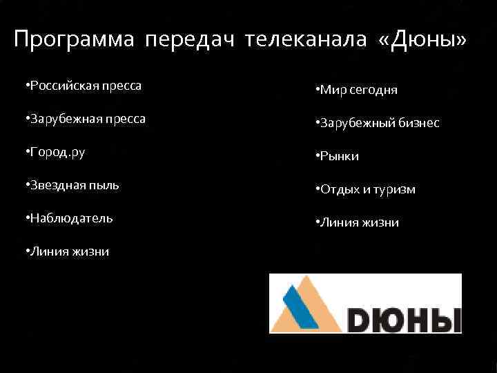 Программа передач телеканала «Дюны» • Российская пресса • Мир сегодня • Зарубежная пресса •