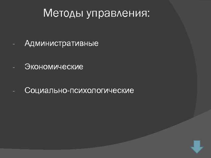 Методы управления: - Административные - Экономические - Социально-психологические 