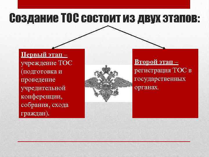 Создание ТОС состоит из двух этапов: Первый этап – учреждение ТОС (подготовка и проведение