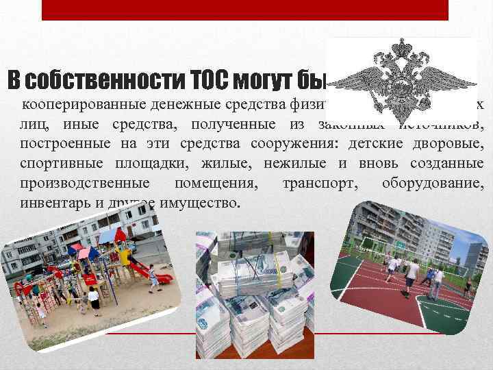 В собственности ТОС могут быть: кооперированные денежные средства физических и юридических лиц, иные средства,