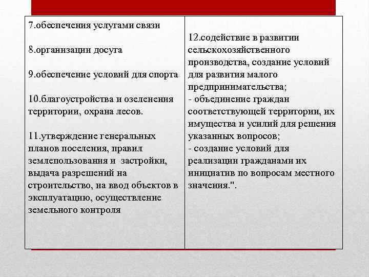 7. обеспечения услугами связи 12. содействие в развитии 8. организации досуга сельскохозяйственного производства, создание