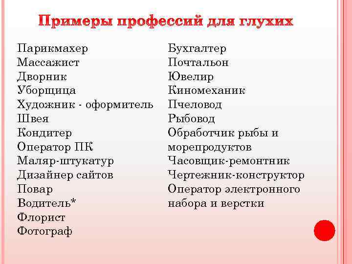 Парикмахер Массажист Дворник Уборщица Художник - оформитель Швея Кондитер Оператор ПК Маляр-штукатур Дизайнер сайтов