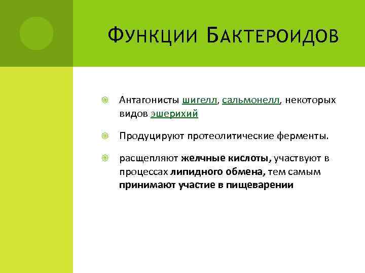 Ф УНКЦИИ Б АКТЕРОИДОВ Антагонисты шигелл, сальмонелл, некоторых видов эшерихий Продуцируют протеолитические ферменты. расщепляют