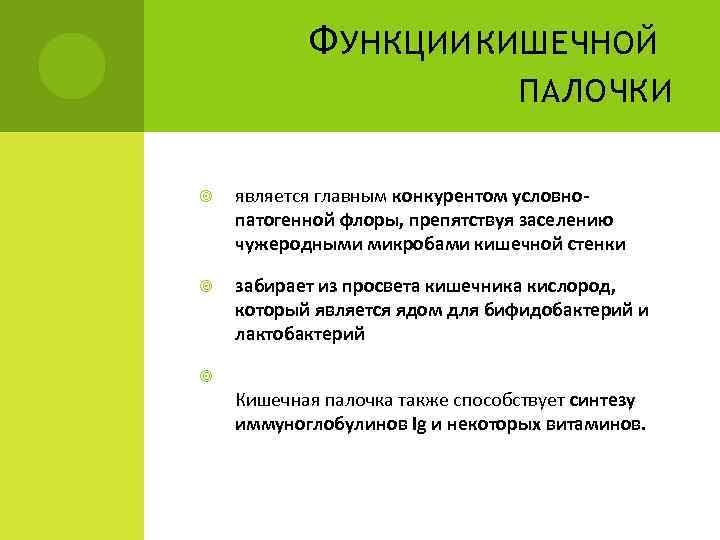 Ф УНКЦИИ КИШЕЧНОЙ ПАЛОЧКИ является главным конкурентом условнопатогенной флоры, препятствуя заселению чужеродными микробами кишечной