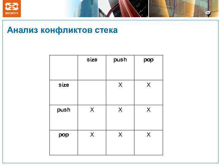 Анализ конфликтов стека size pop X size push X X X pop X X