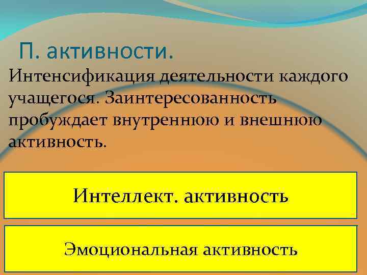 П. активности. Интенсификация деятельности каждого учащегося. Заинтересованность пробуждает внутреннюю и внешнюю активность. Интеллект. активность