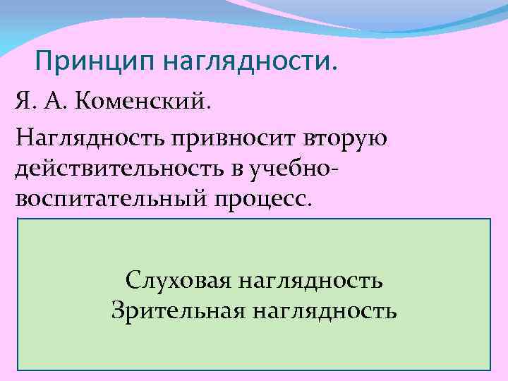 Принцип наглядности. Я. А. Коменский. Наглядность привносит вторую действительность в учебновоспитательный процесс. Слуховая наглядность