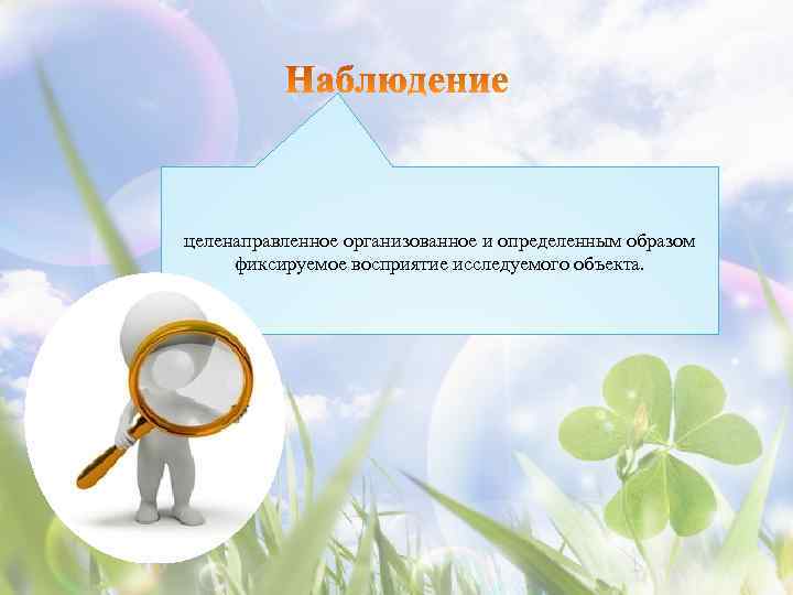 целенаправленное организованное и определенным образом фиксируемое восприятие исследуемого объекта. 