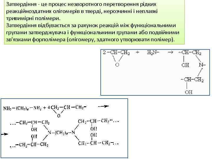 Затвердіння - це процес незворотного перетворення рідких реакційноздатних олігомерів в тверді, нерозчинні і неплавкі