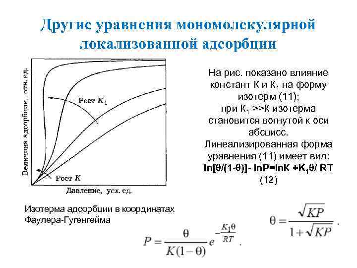 Другие уравнения мономолекулярной локализованной адсорбции На рис. показано влияние констант К и К 1