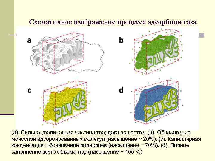 Схематичное изображение процесса адсорбции газа (а). Сильно увеличенная частица твердого вещества. (b). Образование монослоя