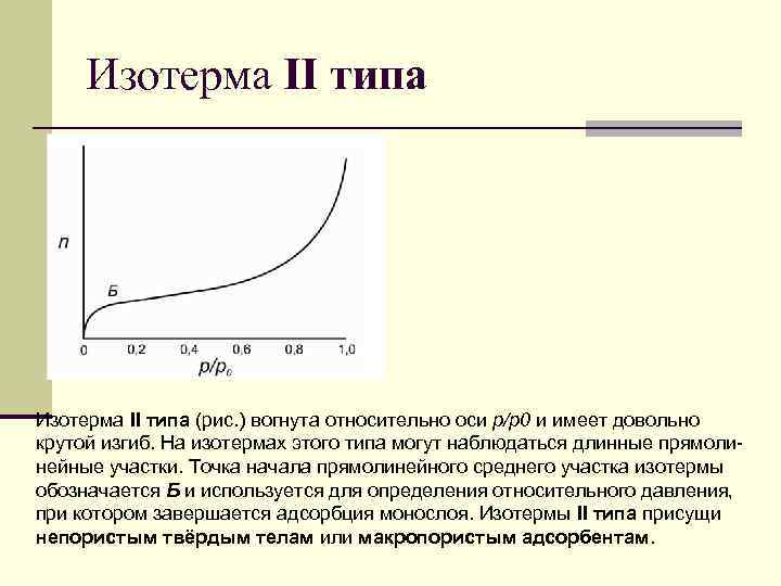 Изотерма II типа (рис. ) вогнута относительно оси р/р0 и имеет довольно крутой изгиб.